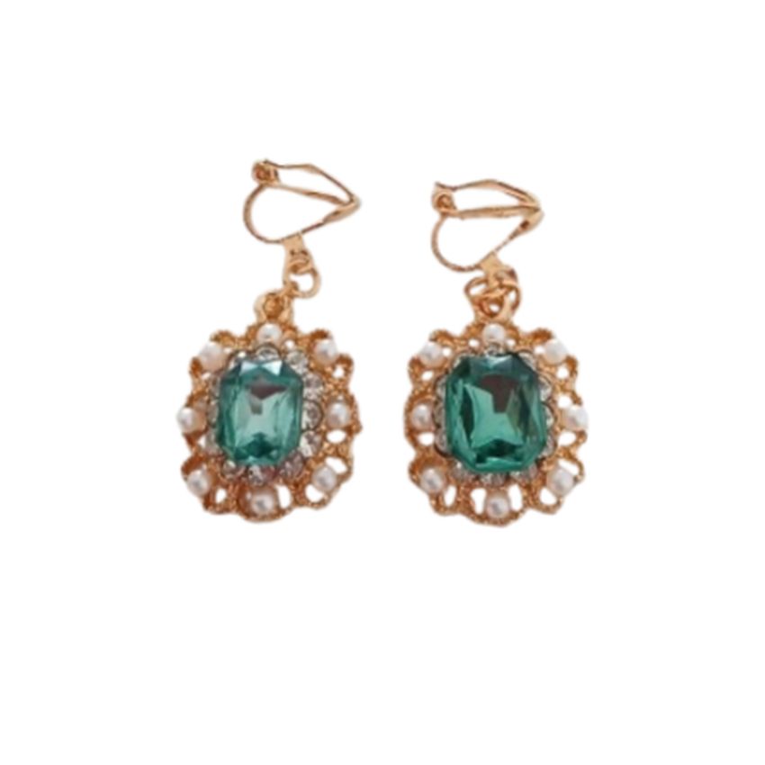 Diamante And Pearl Green Clip On Earrings