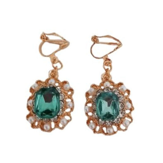 Diamante And Pearl Green Clip On Earrings