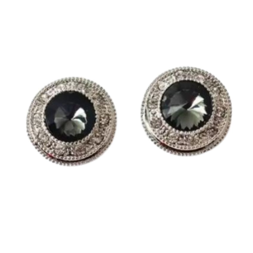 Diamante Black Button Clip On Earrings