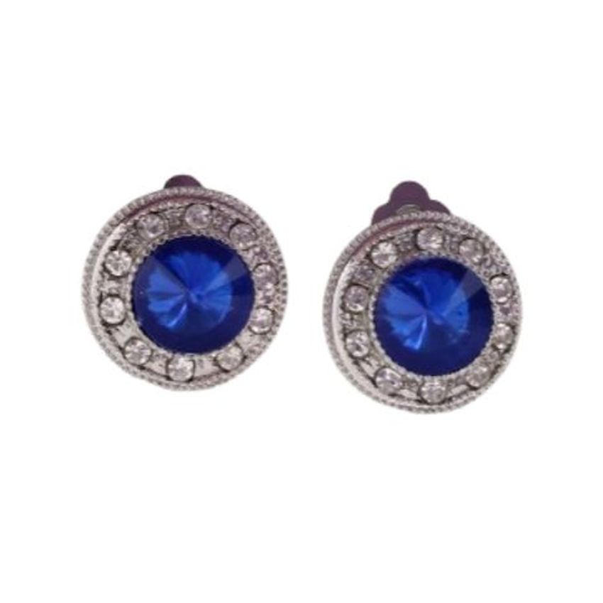 Diamante Blue Button Clip On Earrings