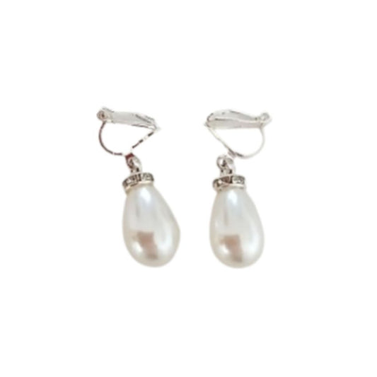 Diamante Bullet Drop Pearl Clip On Earrings