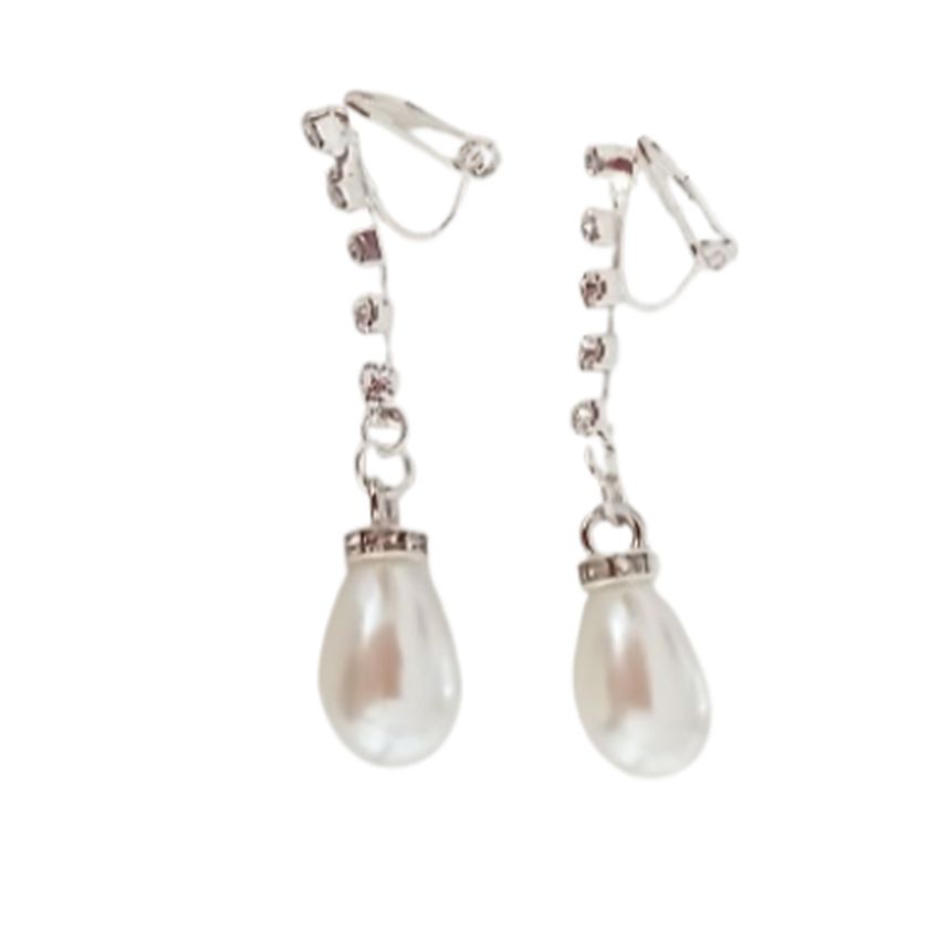 Diamante Drop Pearl Clip On Earrings