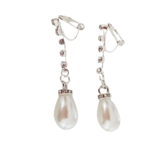 Diamante Drop Pearl Clip On Earrings