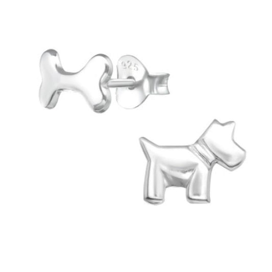 Dog And Bone Silver Stud Earrings