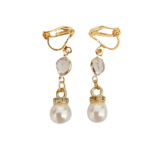 Double Drop Gold Pearl Clip On Earrings