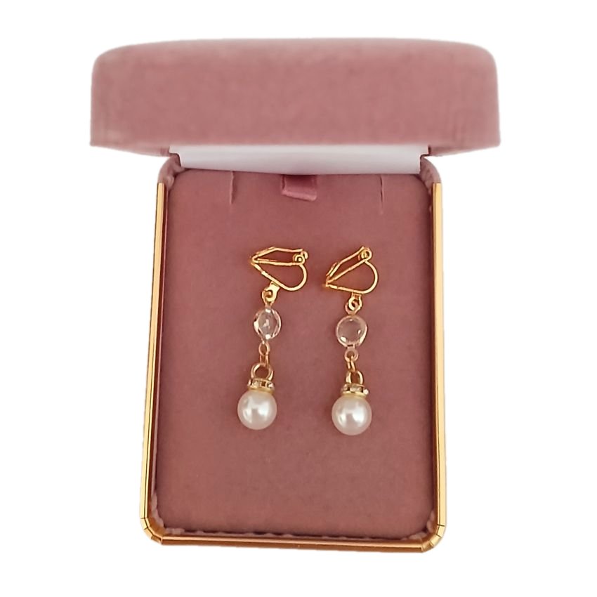Double Drop Gold Pearl Clip On Earrings(2)