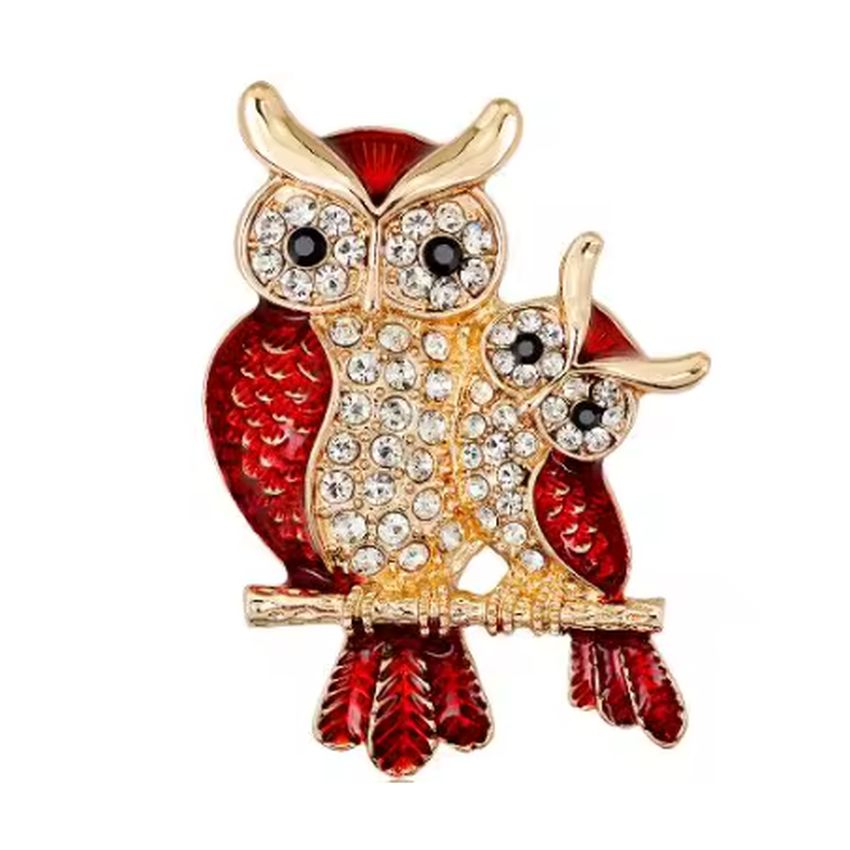 Double Owl On A Branch Brooch