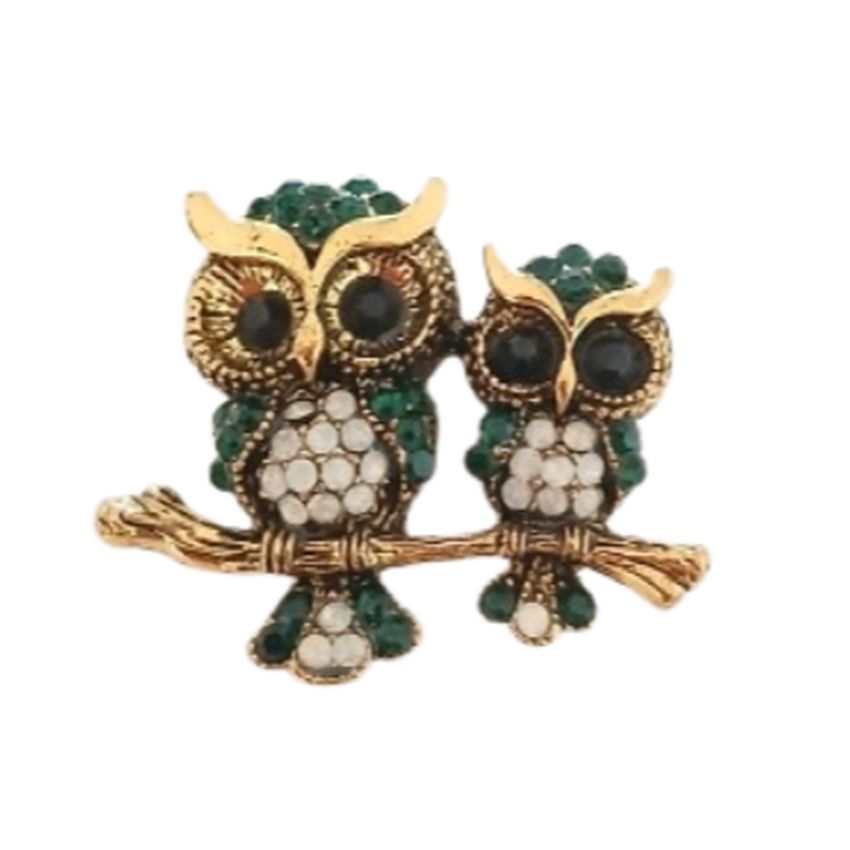 Double Owl On A Branch Brooch