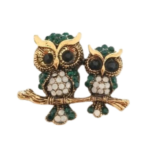 Double Owl On A Branch Brooch