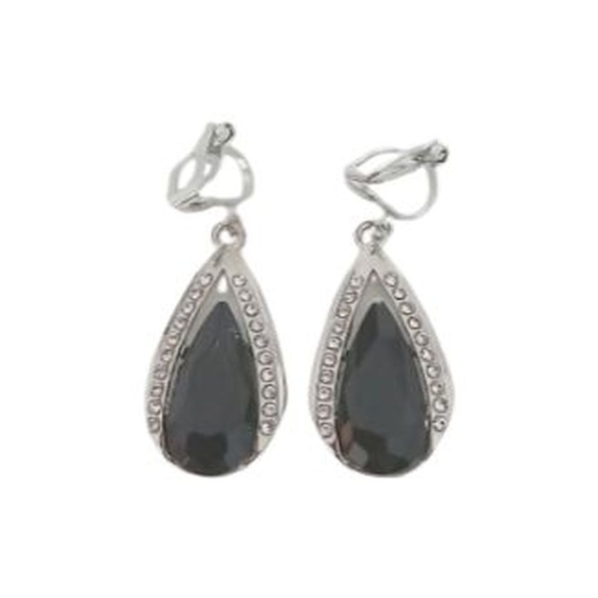 Drop Black Crystal Clip On Earrings