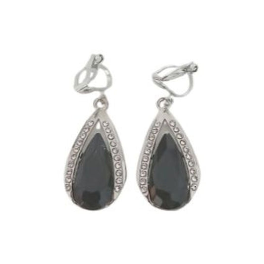 Drop Black Crystal Clip On Earrings
