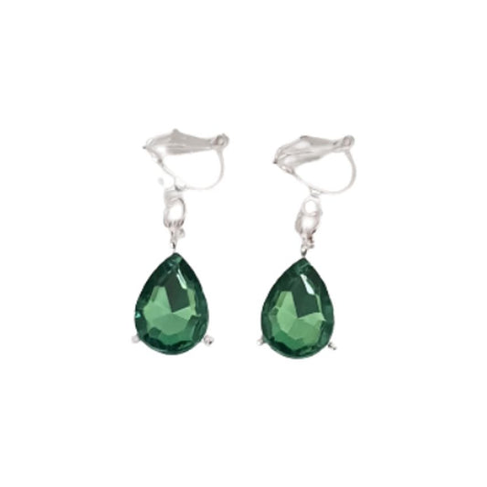 Drop Green Diamante Stone Clip On Earrings