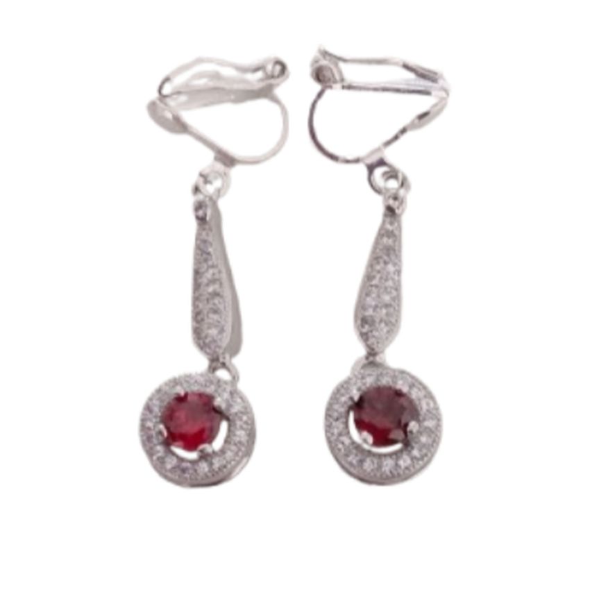 Drop Red Stone Cubic Zirconia Clip On Earrings