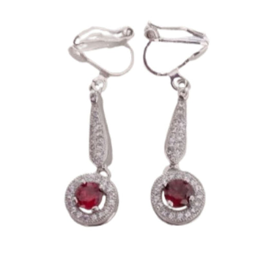 Drop Red Stone Cubic Zirconia Clip On Earrings
