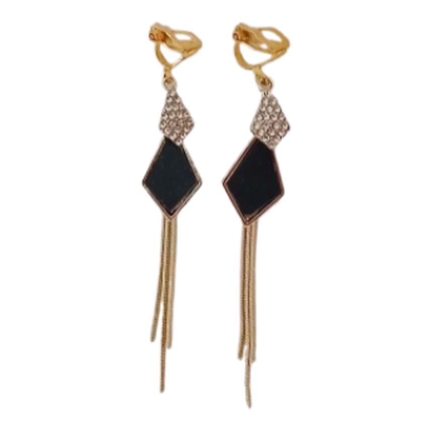 Drop Gold Black And Diamante Clip On Earrings