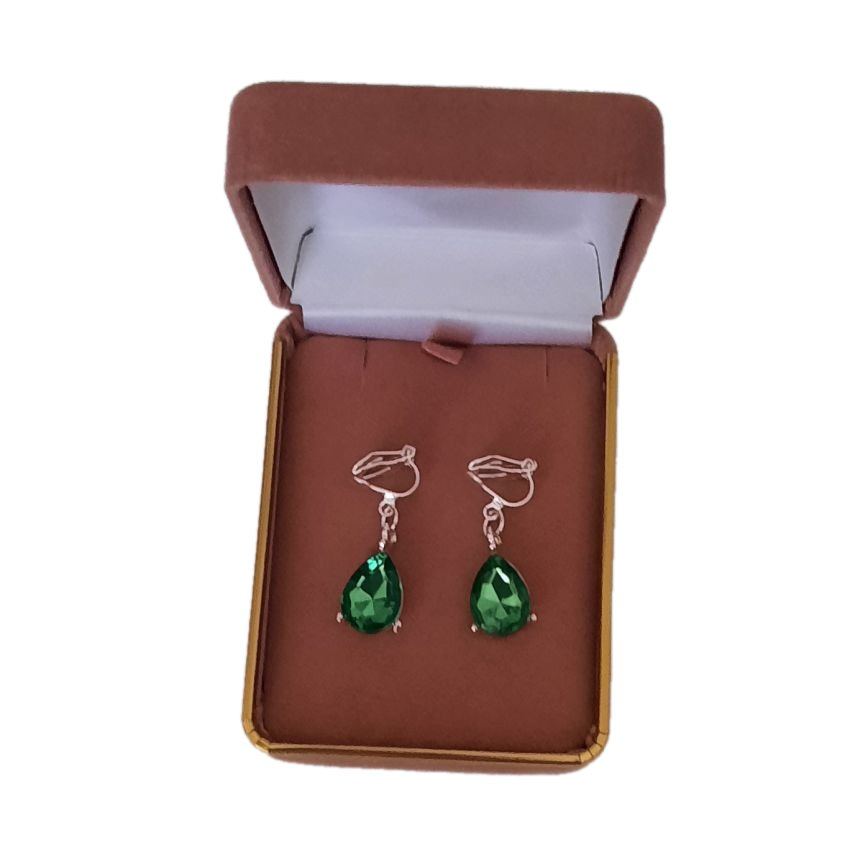 Drop Green Diamante Stone Clip On Earrings