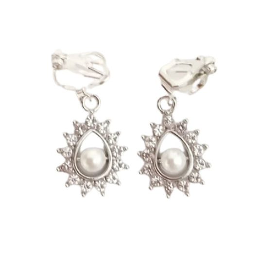 Edged Tear Drop Pearl Clip On Earrings