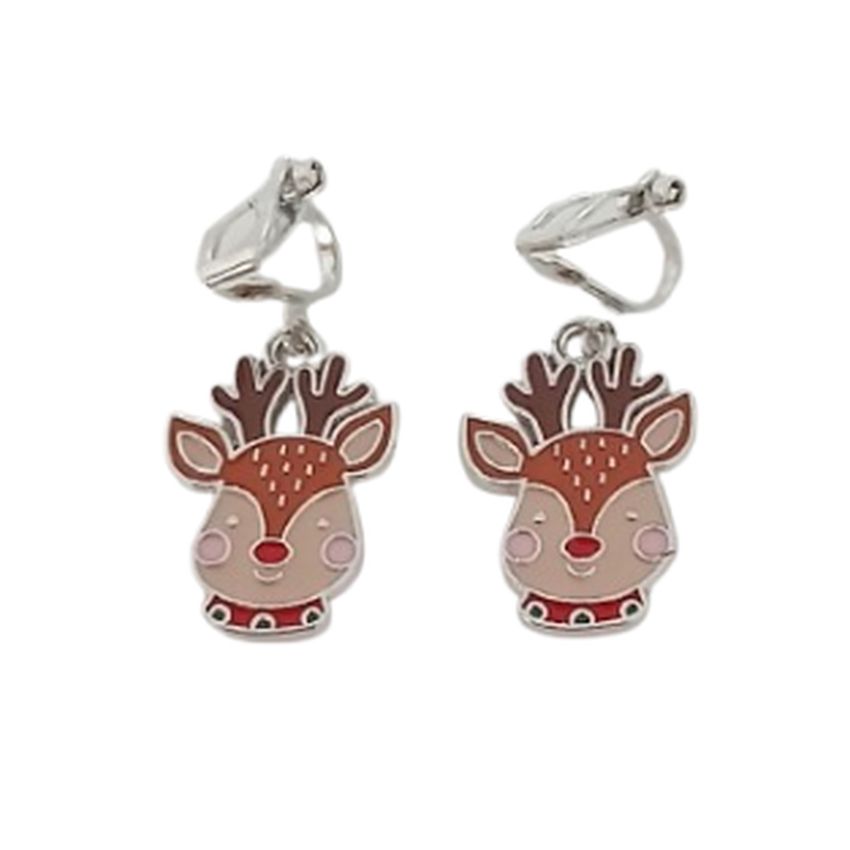 Enamel Reindeer Christmas Clip On Earrings