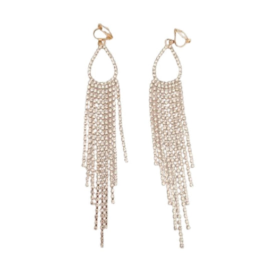 Extra Long Gold Diamante Clip On Earrings