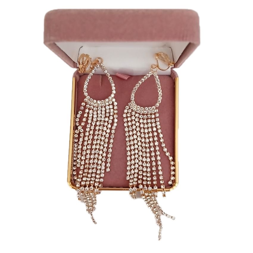 Extra Long Gold Diamante Clip On Earrings(2)