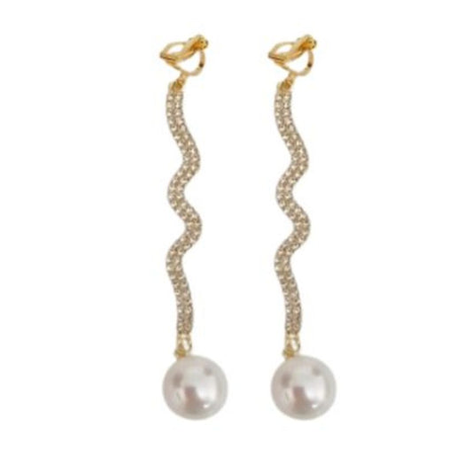 Extra Long Gold Pearl Clip On Earrings