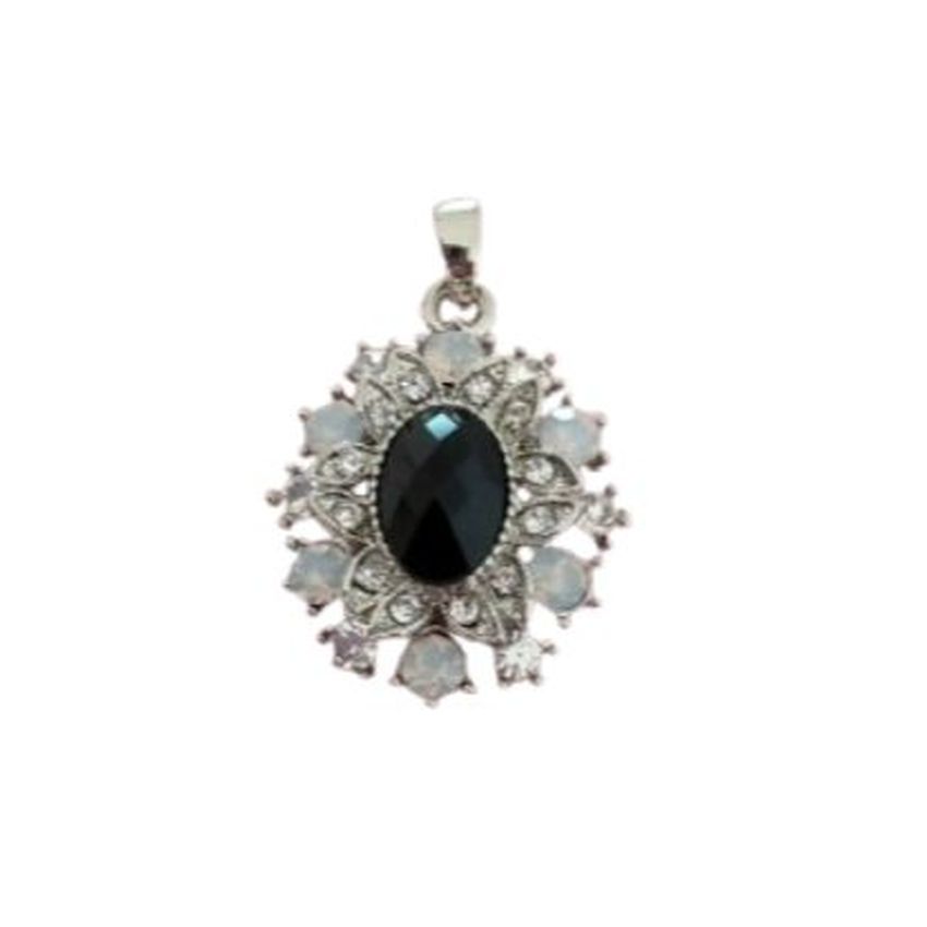 Fancy Black Centre Stone Necklace With CZ Detail Edging