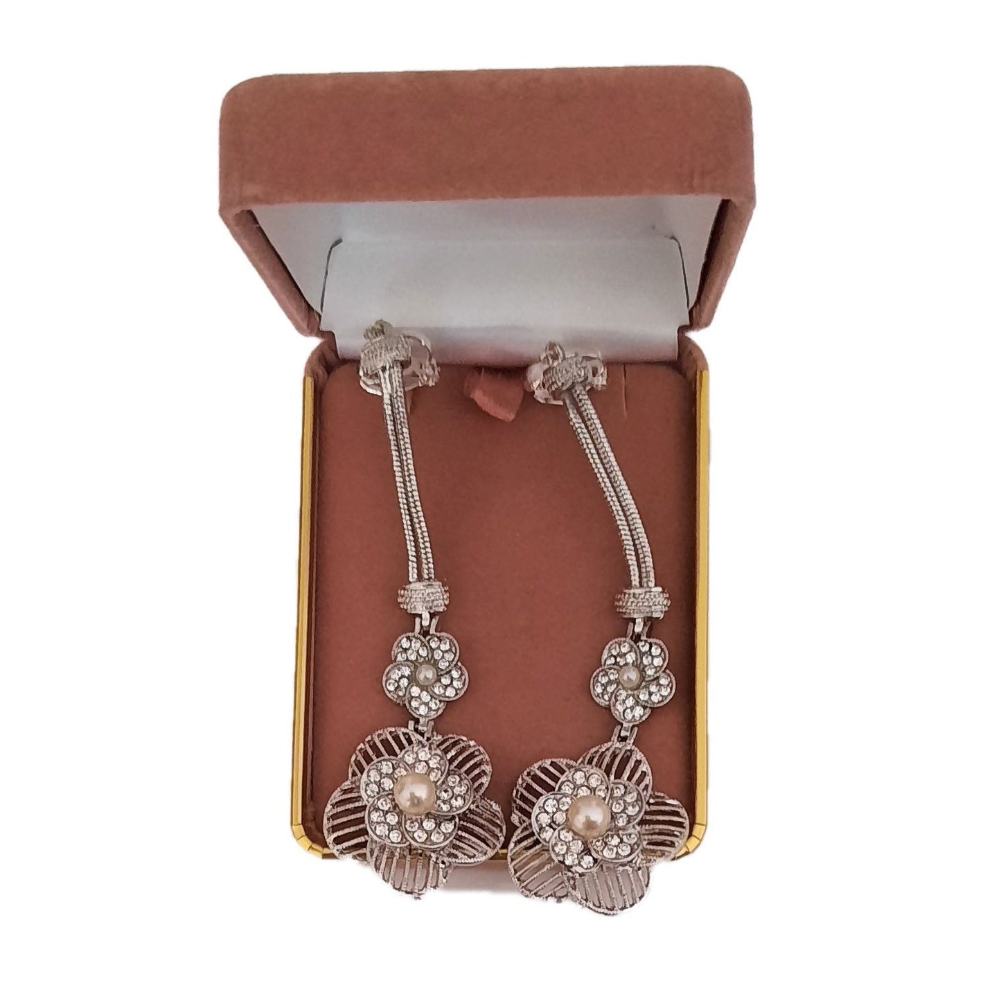 Filigree Pearl Flower Diamante Clip On Earrings(2)