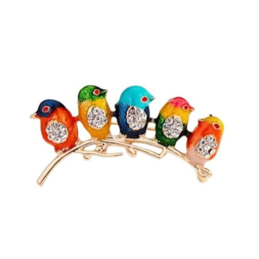 Five Coloured Birds Diamante Brooch