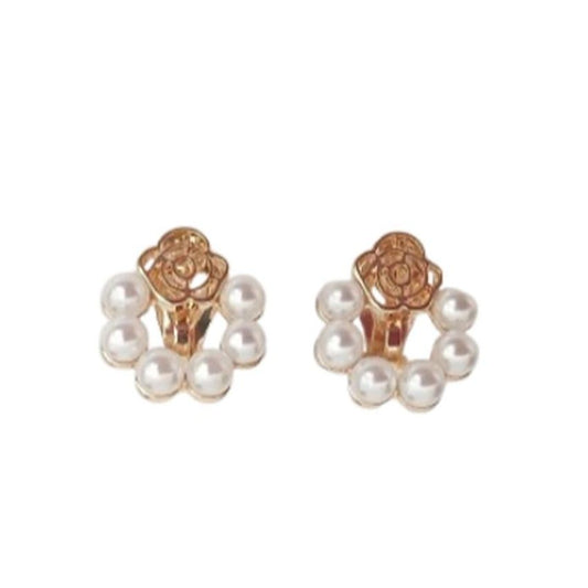 Flower Ring Pearl Clip On Earrings