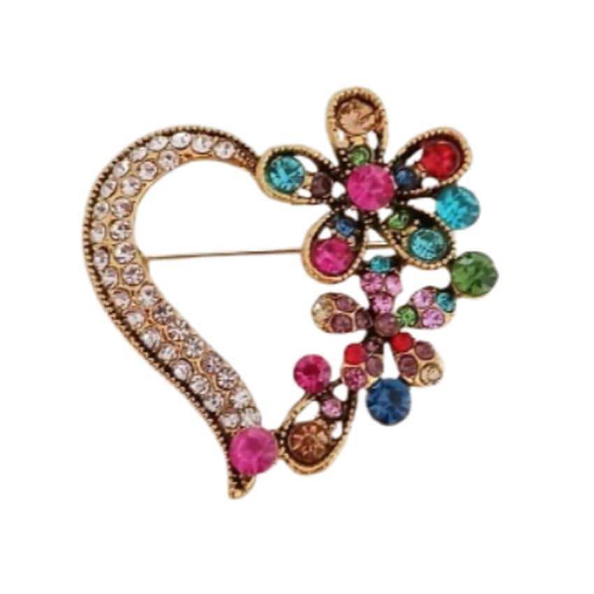 Flower And Heart  Diamante Brooch