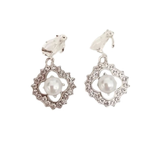 Flowery Design Pearl Clip On Earrings