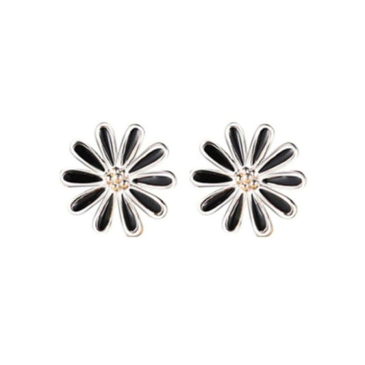 Girls Black Enamel Silver Flower Earrings