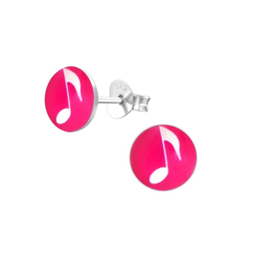Girls Small Sterling Silver Pink Music Note Earrings
