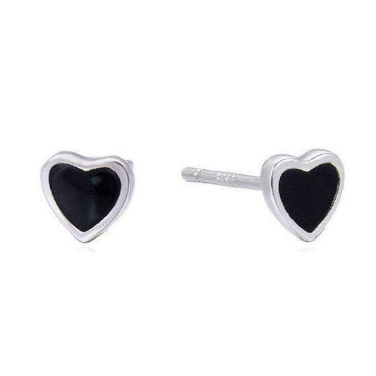 Girls Tiny Black Heart Silver Earrings