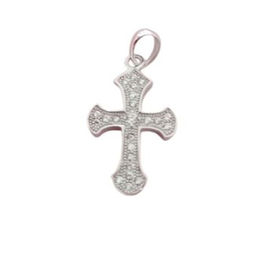 Girls Sterling Silver Bevelled Pave Cubic Zirconia Cross Pendant