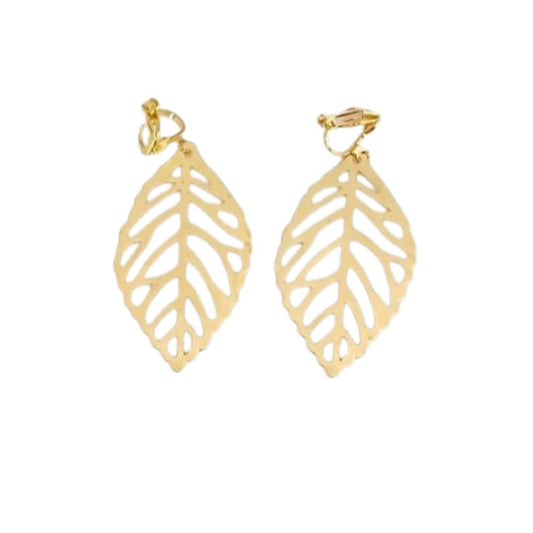 Gold Leaf Drop Clip On Earrings