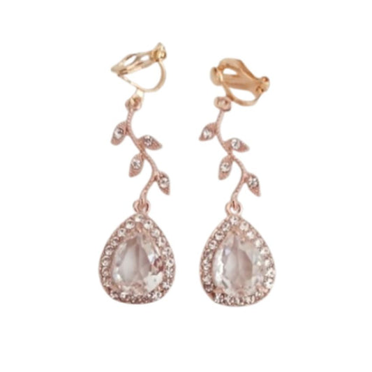 Gold Leaf Stem Diamante Clip On Earrings