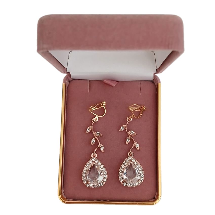 Gold Leaf Stem Diamante Clip On Earrings(2)