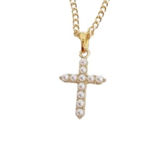Gold Pearl Cross On A Gold Tone Chain