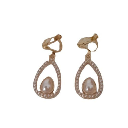 Gold Pearl Open Drop Clip Earrings
