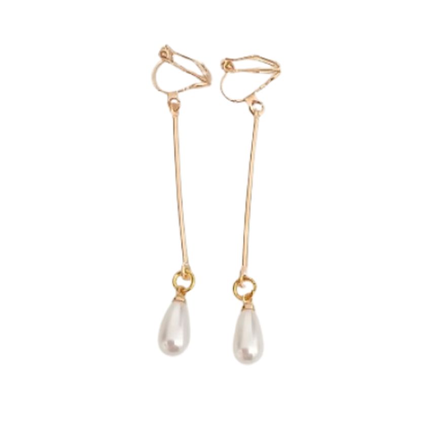 Gold Stem Pearl Drop Clip On Earrings