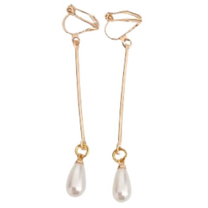 Gold Stem Pearl Drop Clip On Earrings