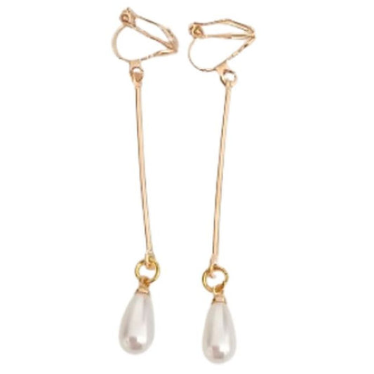 Gold Stem Pearl Drop Clip On Earrings