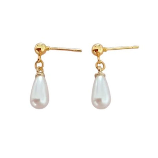 Gold Tone Kids Drop Pearl Earrings