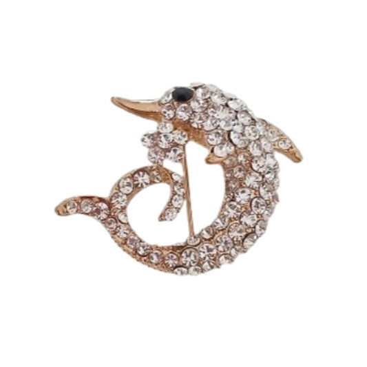 Gold Coloured Diamante Dolphin Brooch