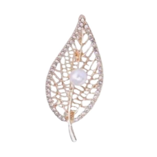 Gold Diamante And Pearl Leaf Brooch