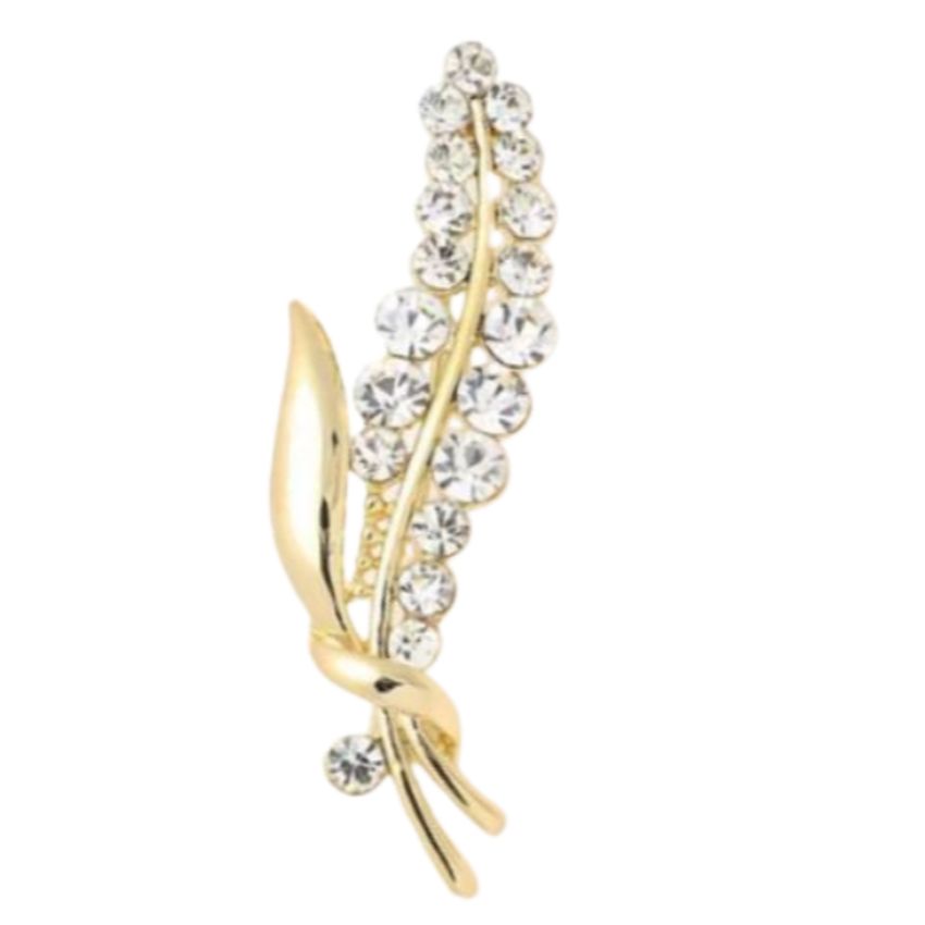 Gold Diamante Leaf Slim Brooch