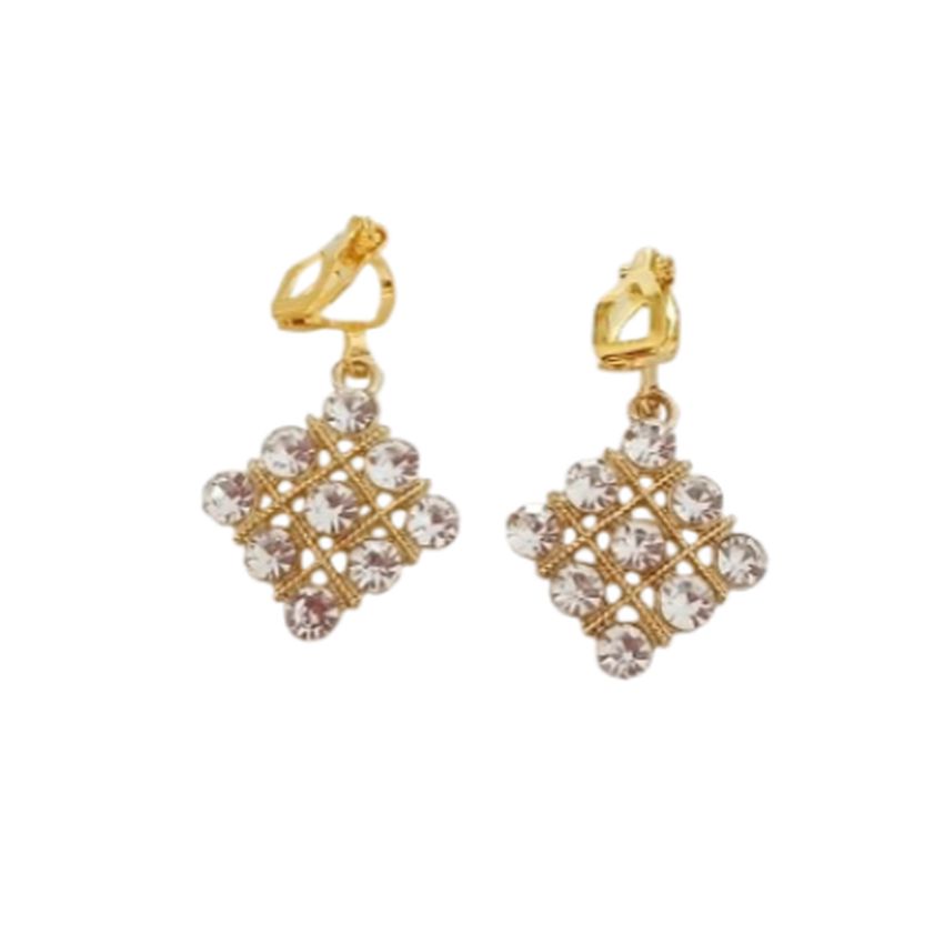 Gold Diamond Diamante Clip On Earrings