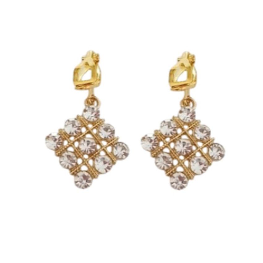 Gold Diamond Diamante Clip On Earrings
