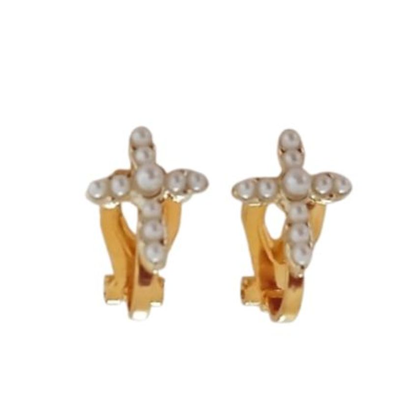 Gold Pearl Cross Communion Clip On Earrings